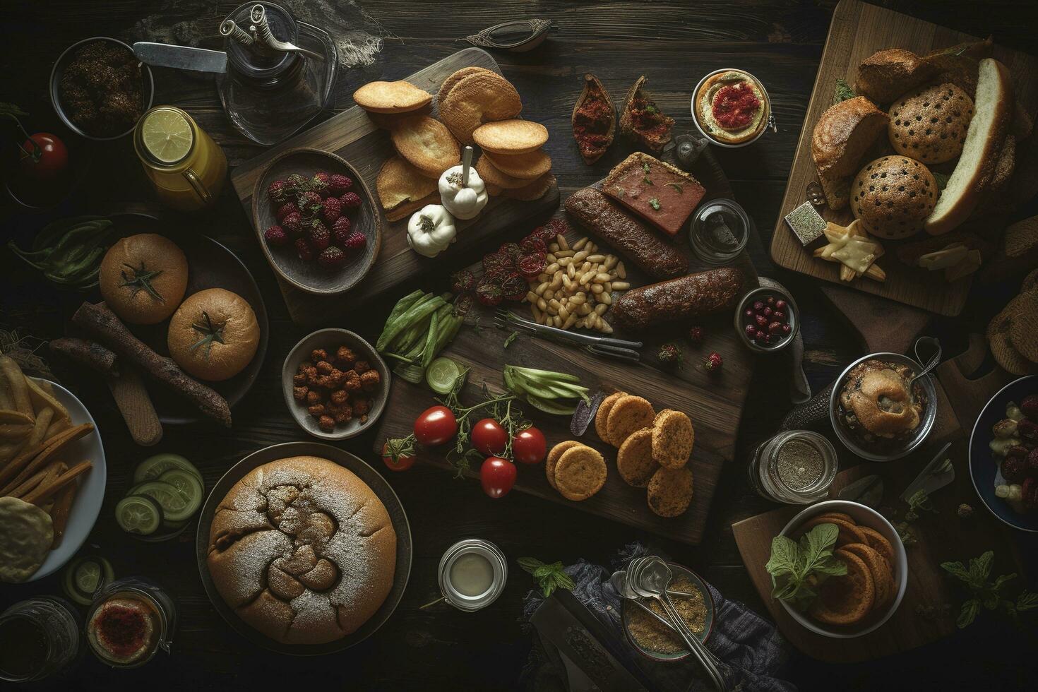 Table scene with a selection of delicious foods. Top view over a dark wood banner background, generate ai photo