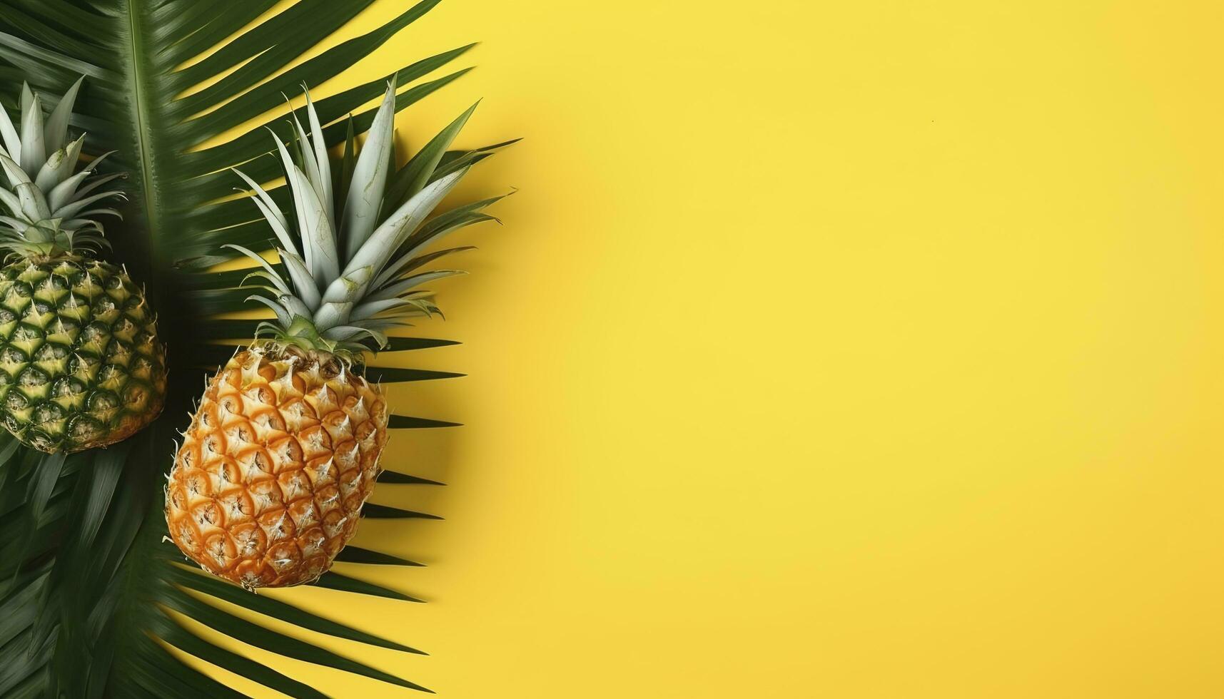 Top view of fresh pineapple with tropical leaves on yellow background , generate ai photo