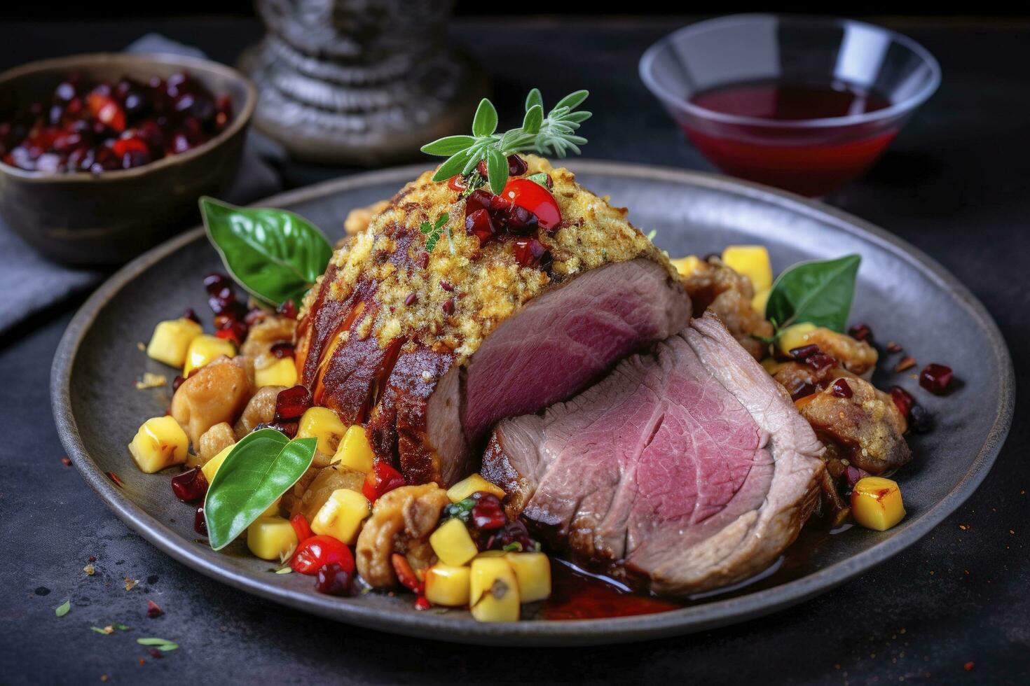 tradicional asado italiano Panettone tagliata di manzo con rebanado carne de vaca filete y vegetales servido de cerca en un nórdico diseño lámina, generar ai foto