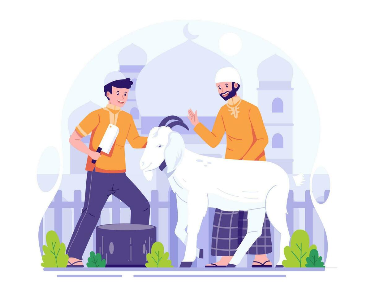 Muslim People slaughter a goat for Sacrifice or Qurban on Eid Al Adha. Happy Eid Al Adha Mubarak. Vector Illustration