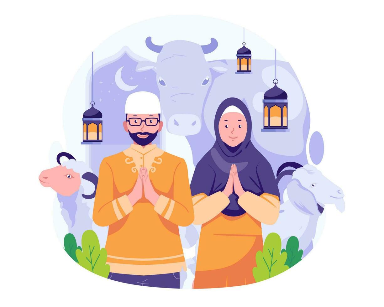 contento eid Alabama adha Mubarak saludo. un musulmán Pareja celebra eid Alabama adha con un vaca, cabra, y oveja. vector ilustración