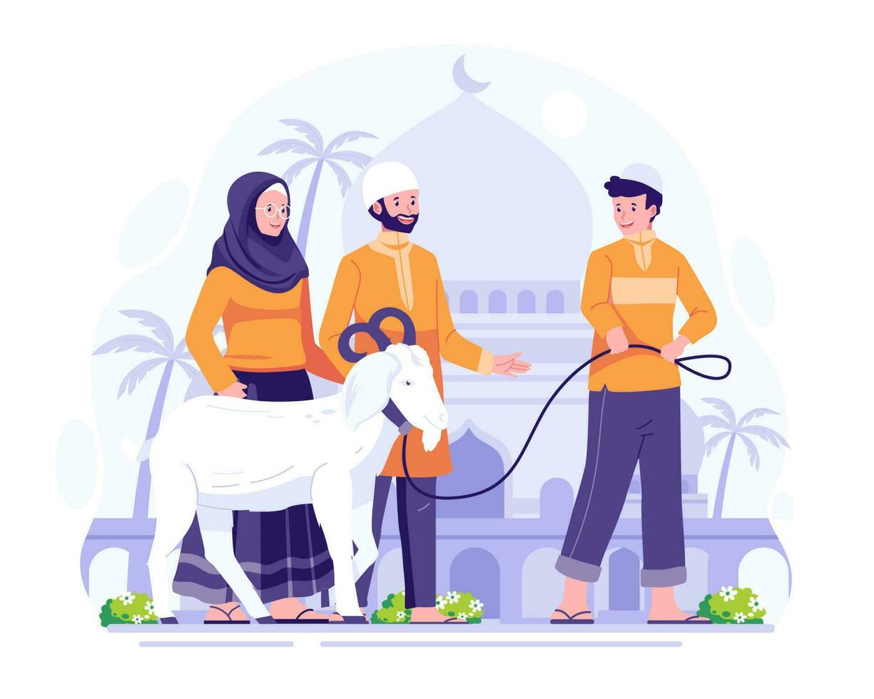 contento eid adha mubarak. musulmán personas traer un cabra para qurban o sacrificio en eid Alabama adha. vector ilustración