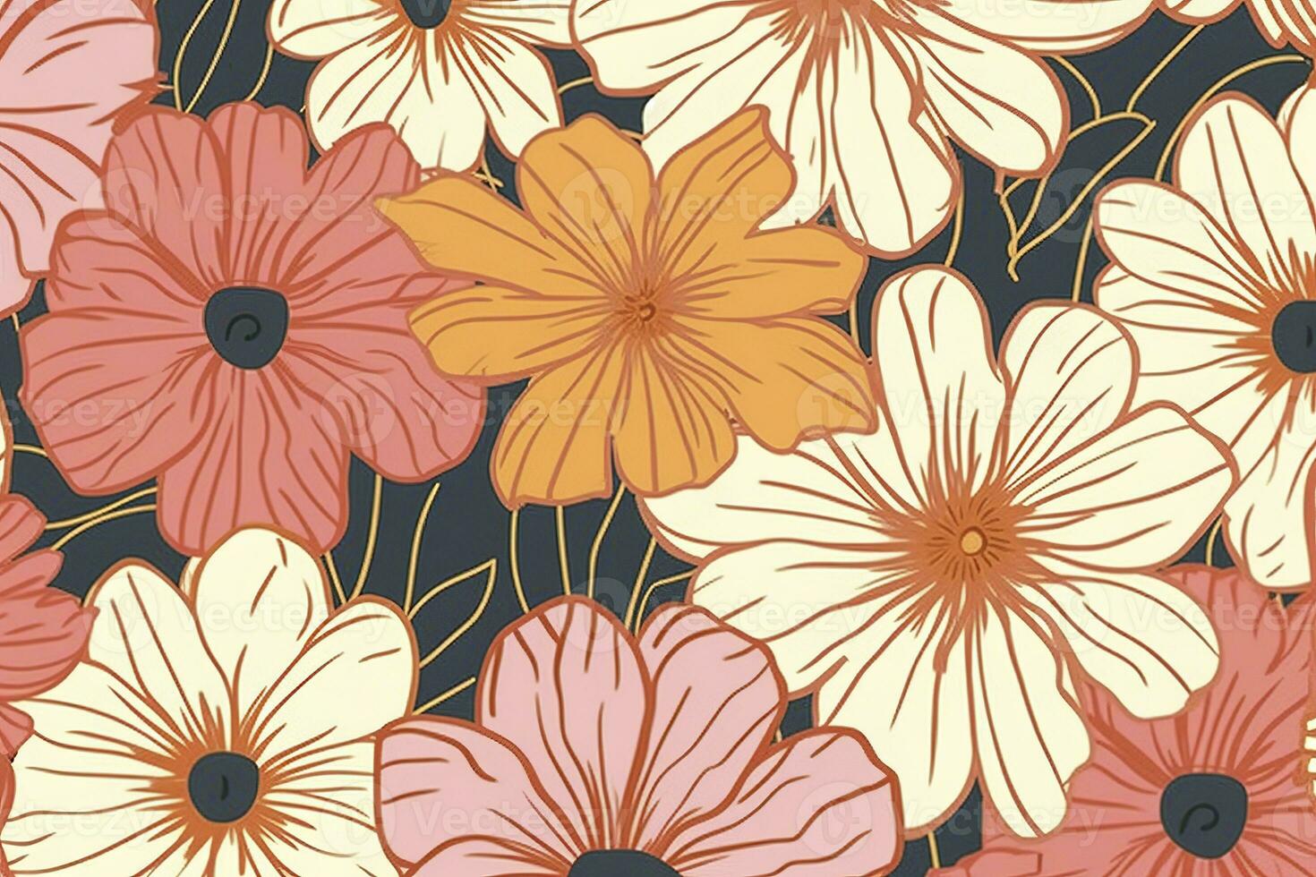 Retro floral seamless pattern. Groovy Daisy Flower , generate ai photo