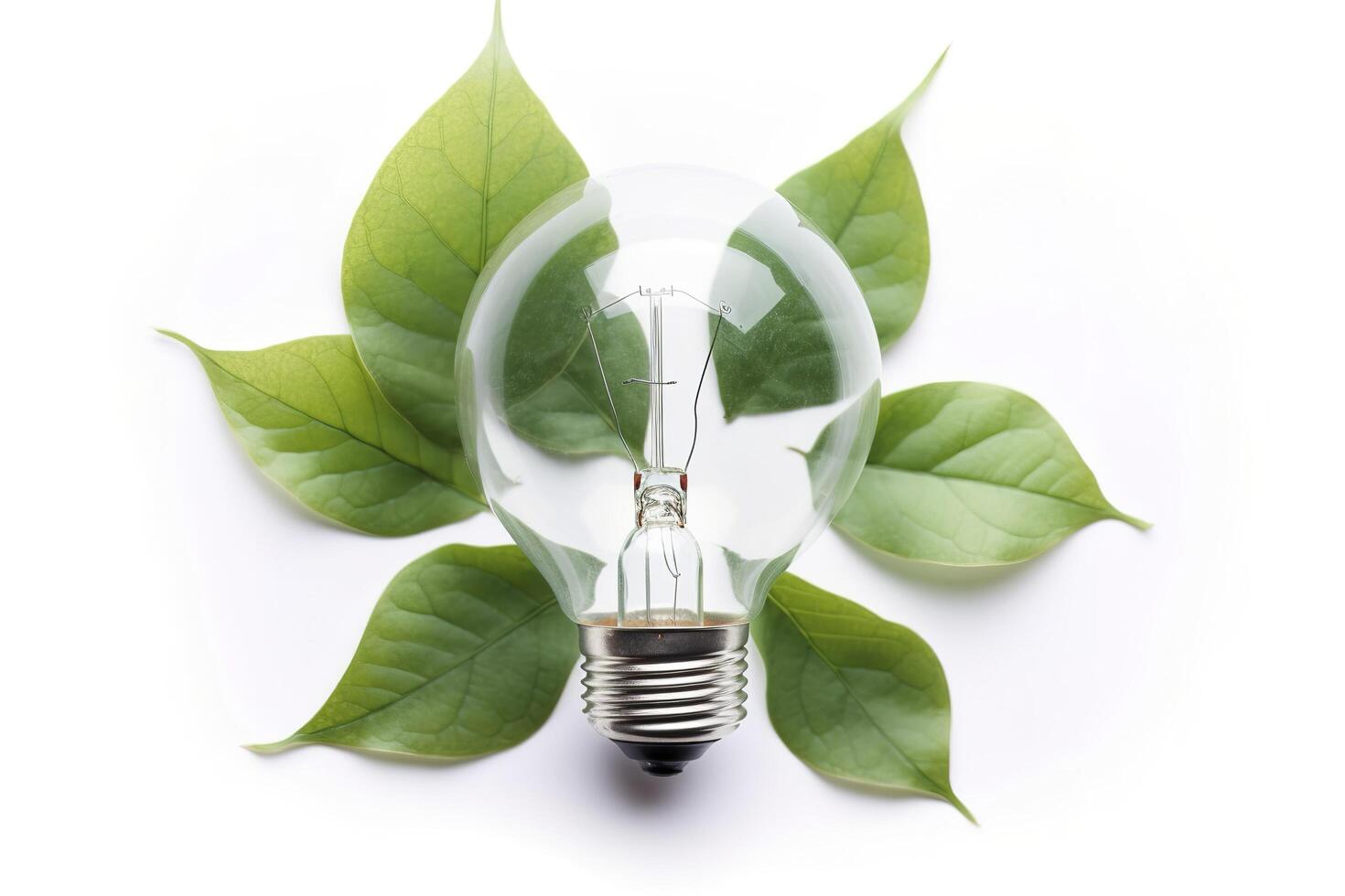 Eco-friendly lightbulb from fresh leaves top view, concept of Renewable Energy and Sustainable Living, created with technology photo