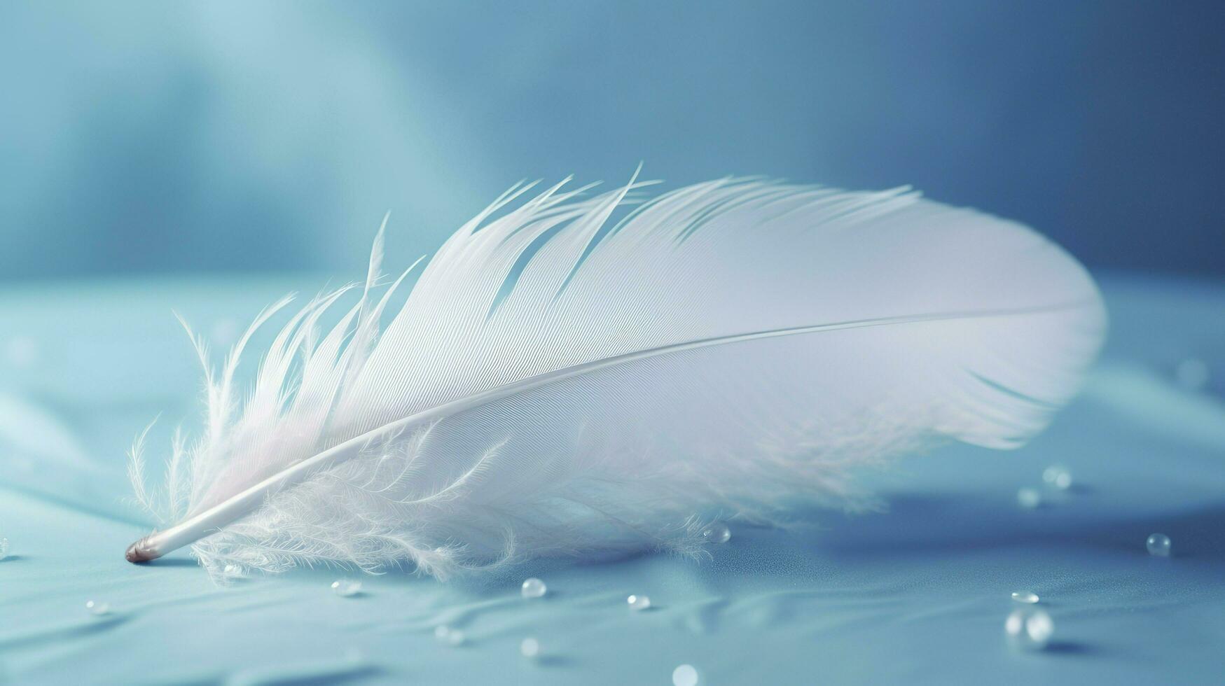 a bright blue background with one white feather, in the style of soft and dreamy pastels, glimmering light effects, nature inspired imagery, fairycore, soft focal points, generate ai photo