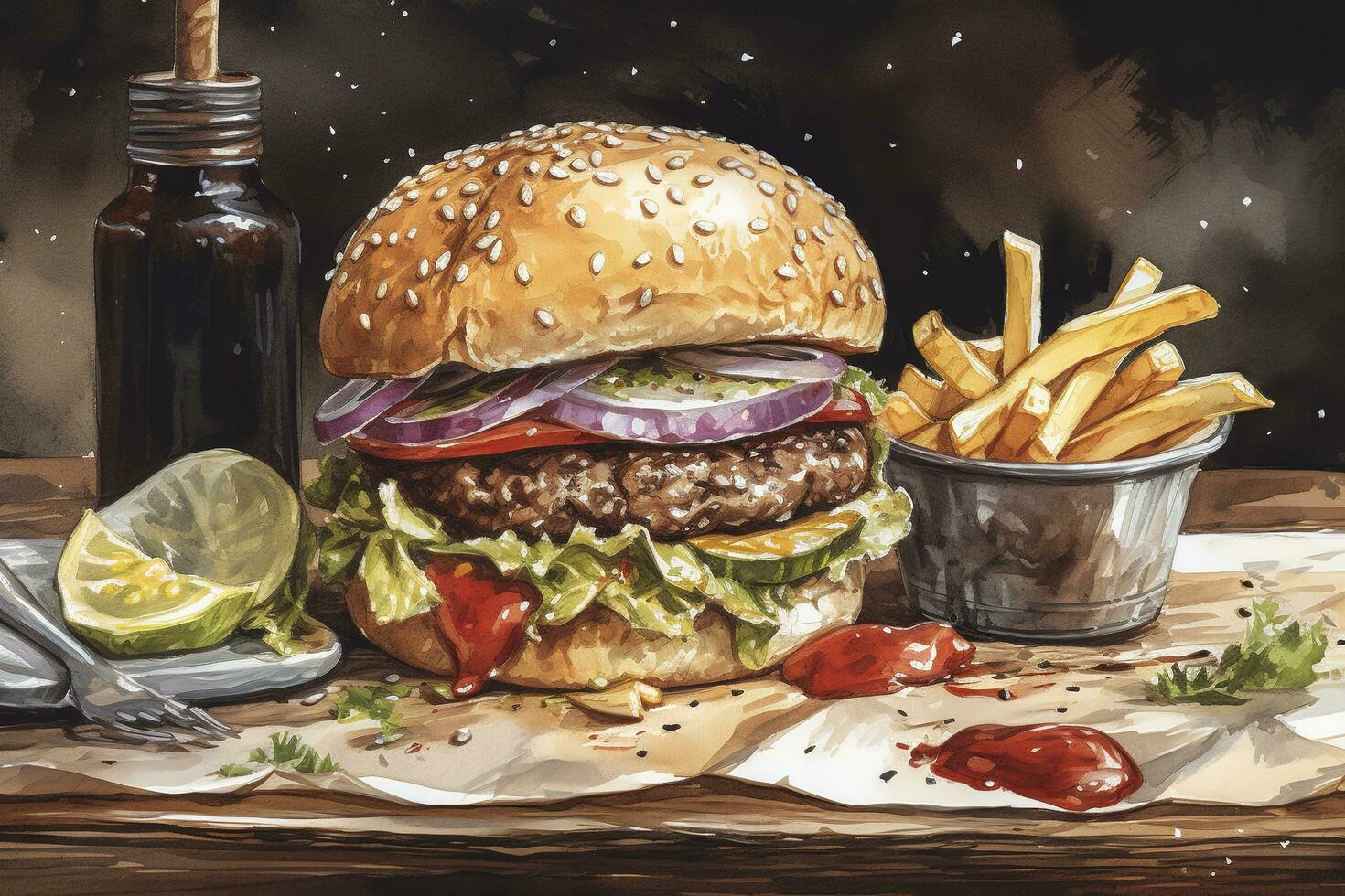Barger food vintage view. Chicken Barger on plate. watercolor, generate ai photo