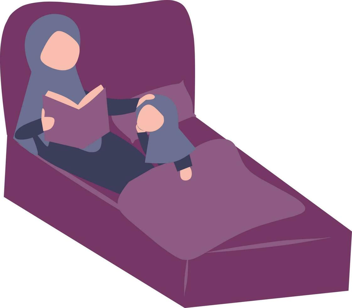 Muslim woman reading a book in a sofa. Isolated flat vector illustration