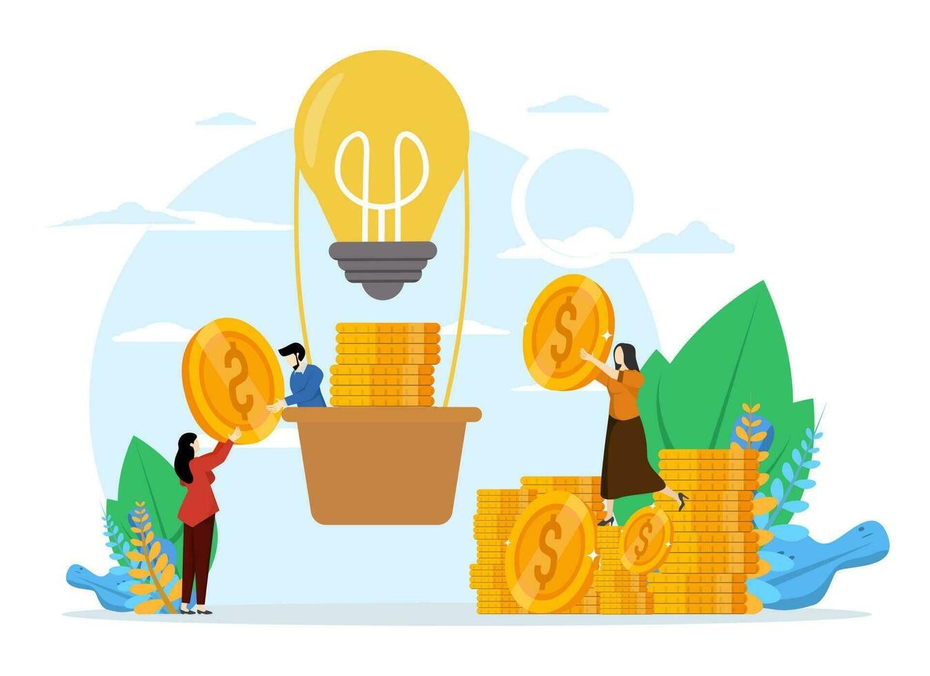 Business Crowdfunding Concept, Showing Startup Business receiving funding from investors, Suitable for landing page, ui, web, app intro card, editorial, flyer and banner, Vector Illustration.