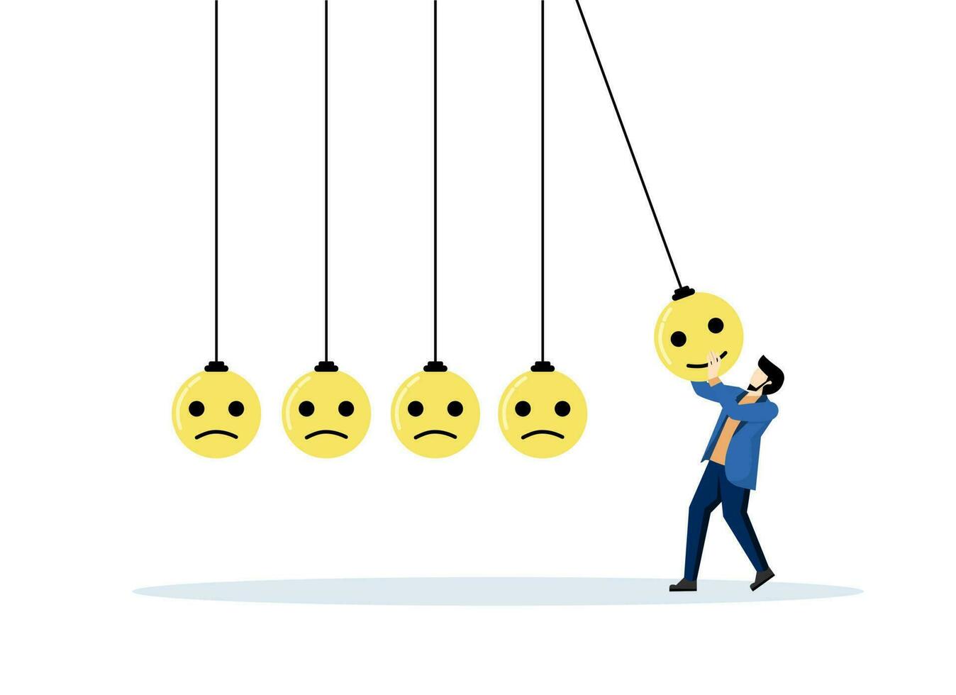 Optimistic, emotional intelligence or balance between happiness and sadness, happiness or positive thinking inspire others to be happy, man holding pendulum ball smiling face hitting another sad face. vector