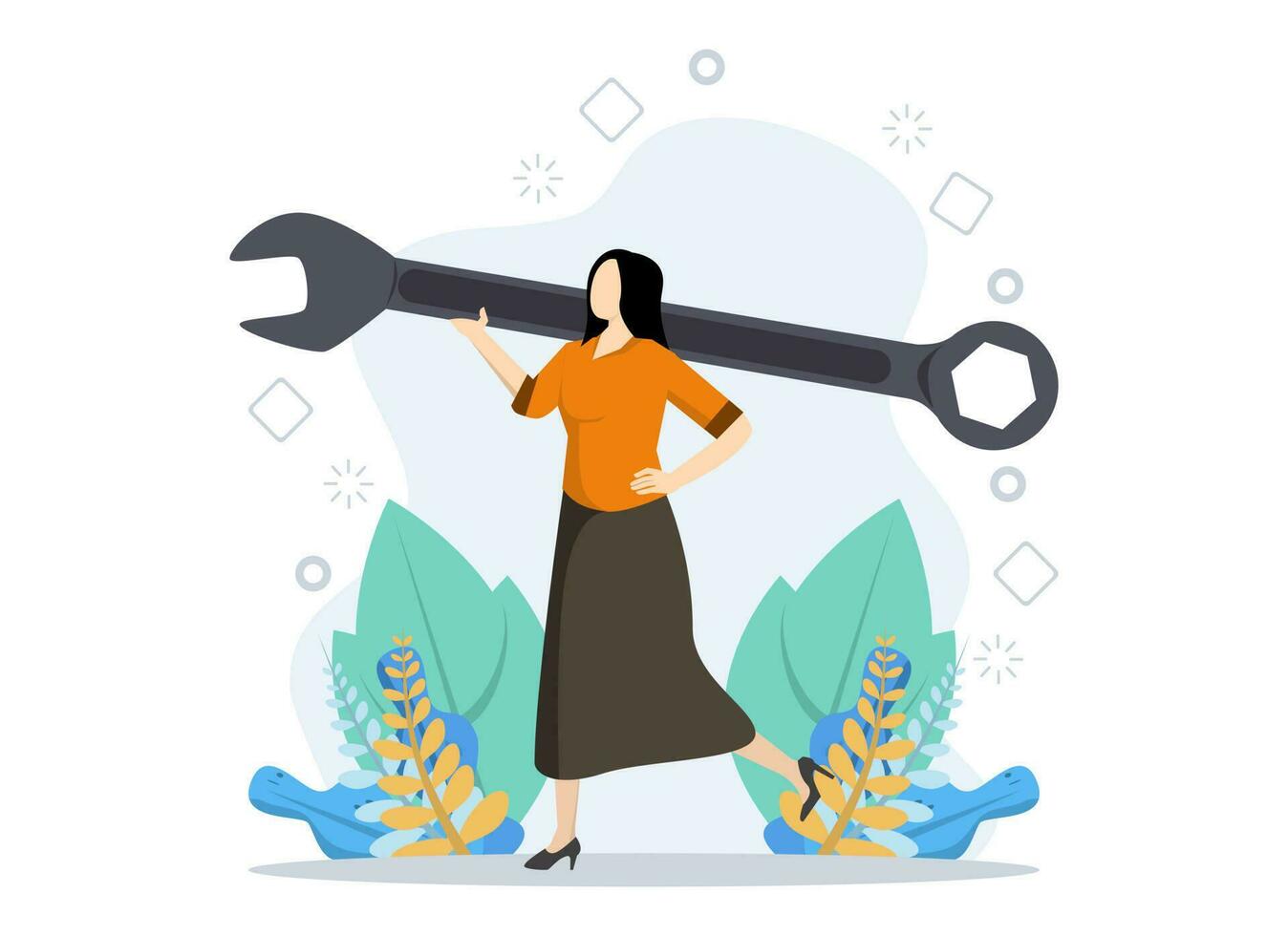 Confident businesswoman holding big wrench. repair or renewal, perform maintenance, Technical support concept. Modern flat vector illustration.