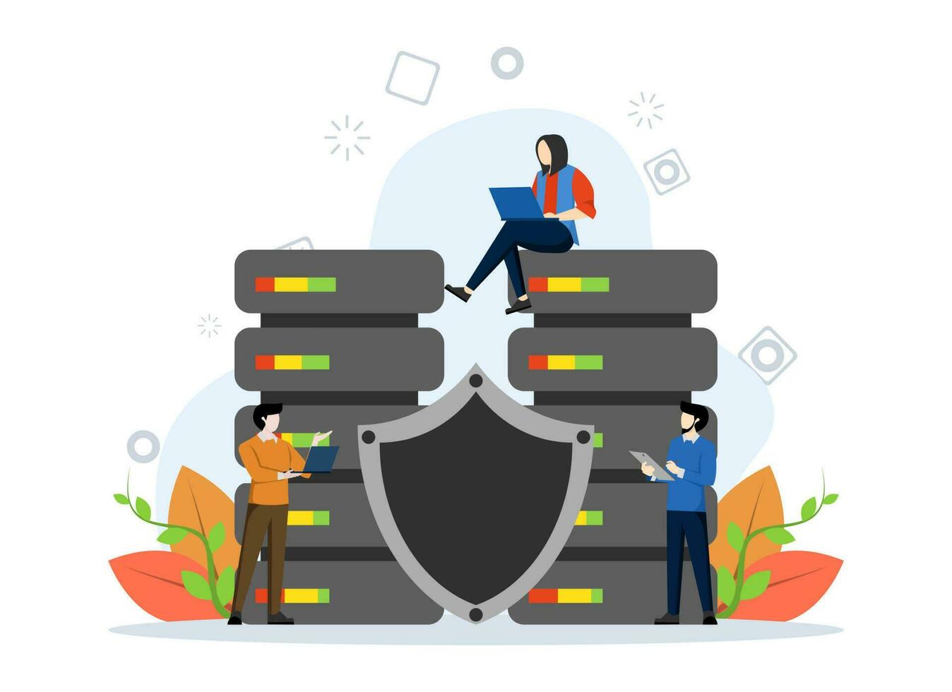 Server Security Concept, Showing server being managed by network administrator, Suitable for landing page, UI, web, app intro card, editorial, flyer and banner, Vector Illustration.