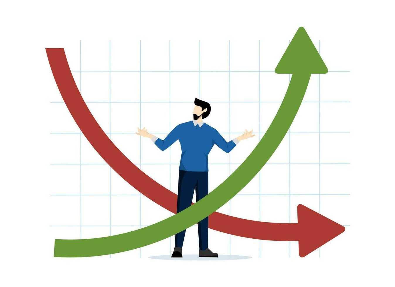 inverted yield curve. Inflation, recession, government bond yields. Investor businessman confused looking at inverted curve chart. flat vector illustration on a white background.