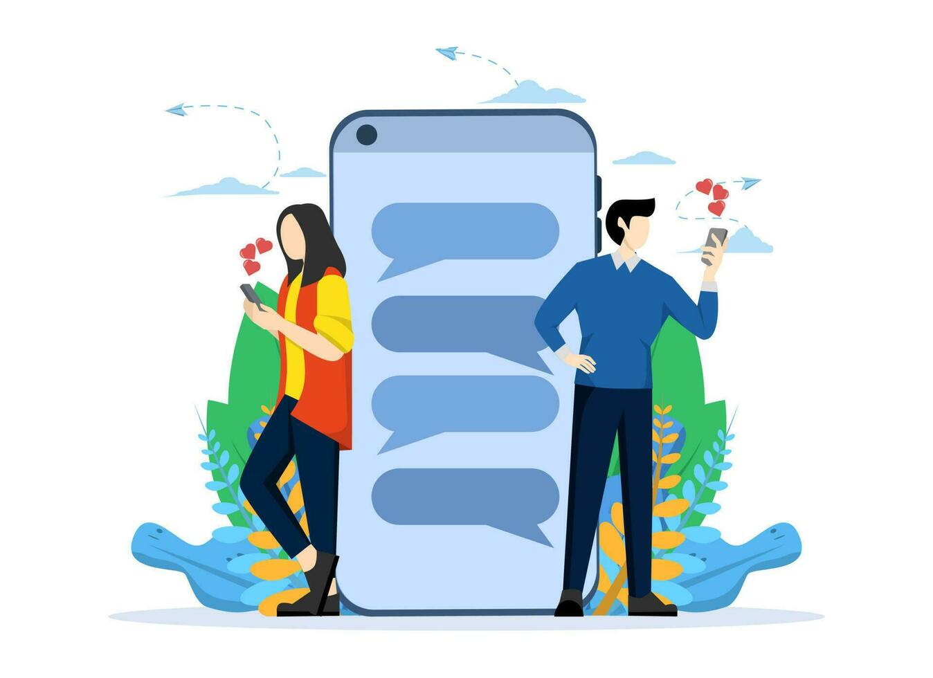 Beautiful woman standing holding mobile phone and chatting with handsome man with big mobile phone and emojis in the background. Virtual dating and relationship app. Chat bubbles. Vector illustration.