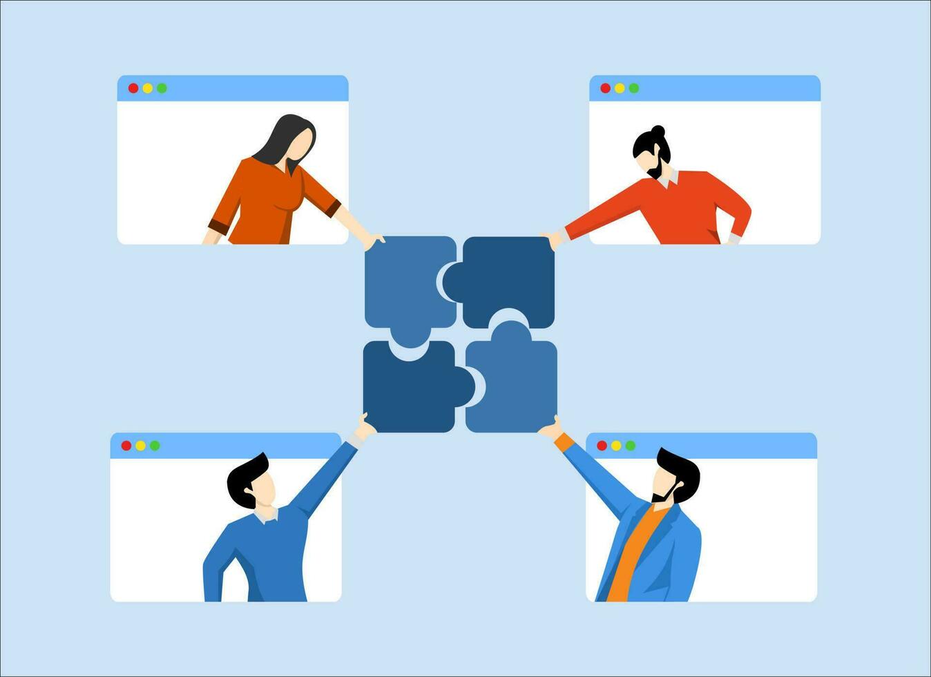 partnership concept, hybrid work conference call for mutual success, Working together, teamwork or collaboration to solve problems, businessman and woman colleagues linking jigsaw pieces together. vector