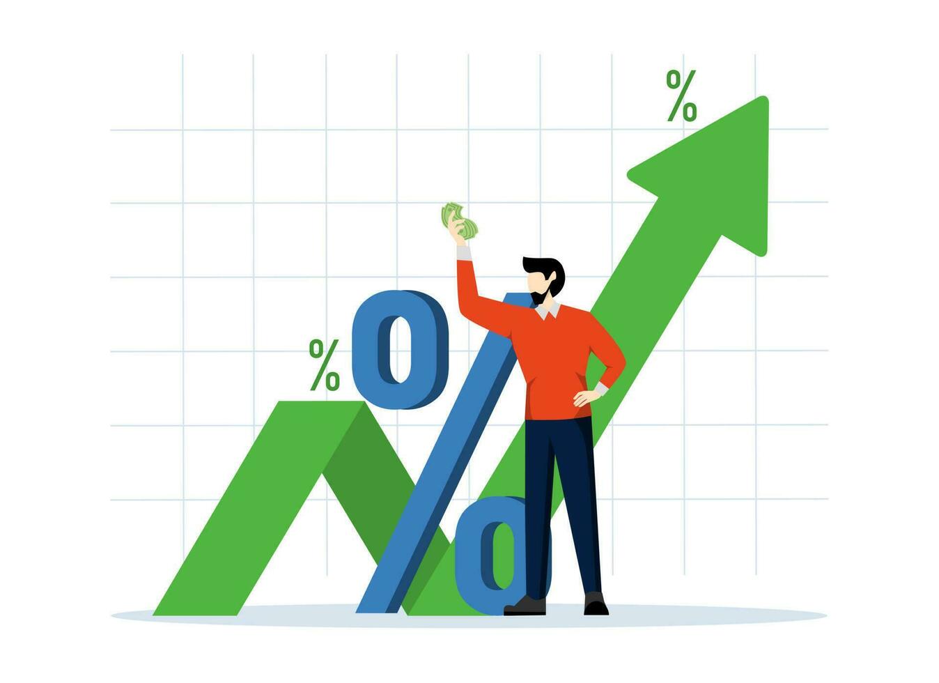 investment income, business or stock market profits, exponential profit growth, salary increases, deposit interest, bond profits. Happy businessman studying with big percentage sign symbol. vector