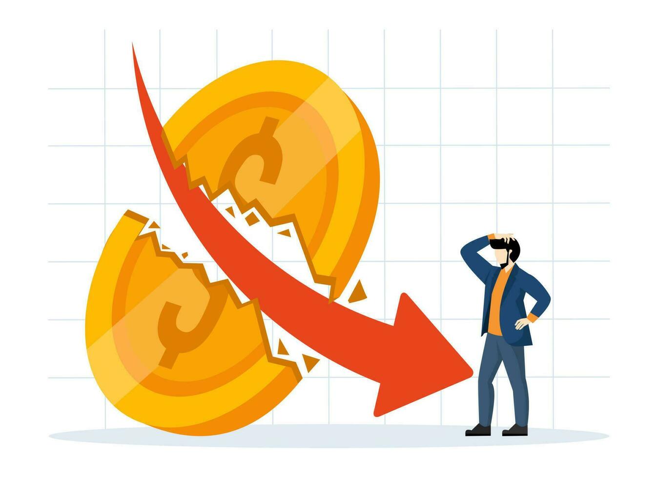 Money Inflation. Business profits are too low. Financial and economic crisis. Profit and Loss of Inflation. Large dollar coins shattered and fell in value. flat vector illustration on white background