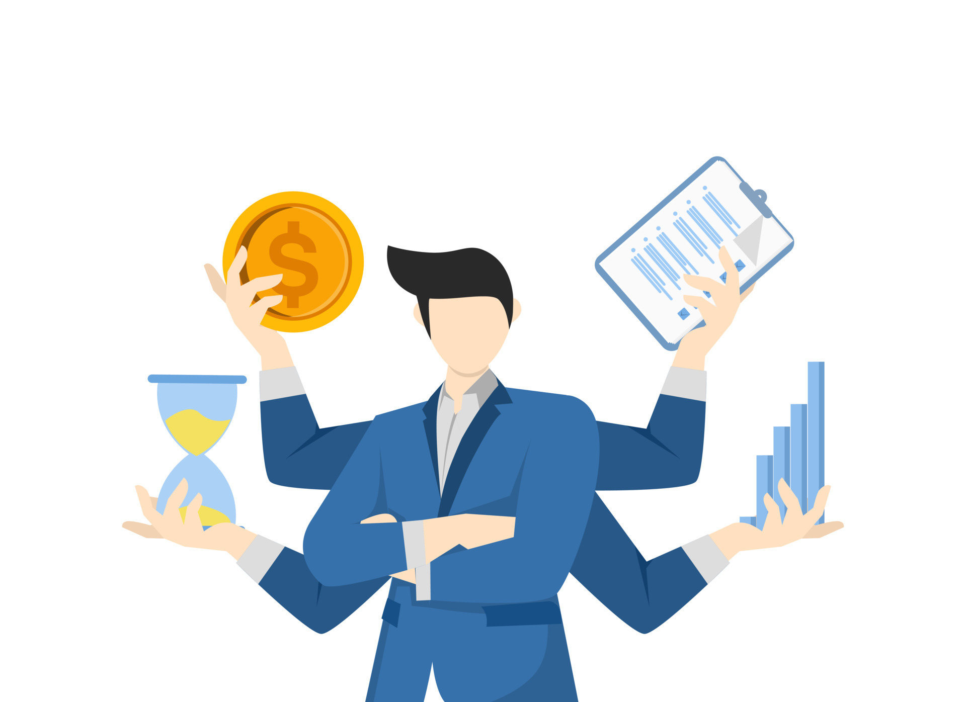 Multi-talented businessman with many hands holding various assigned ...