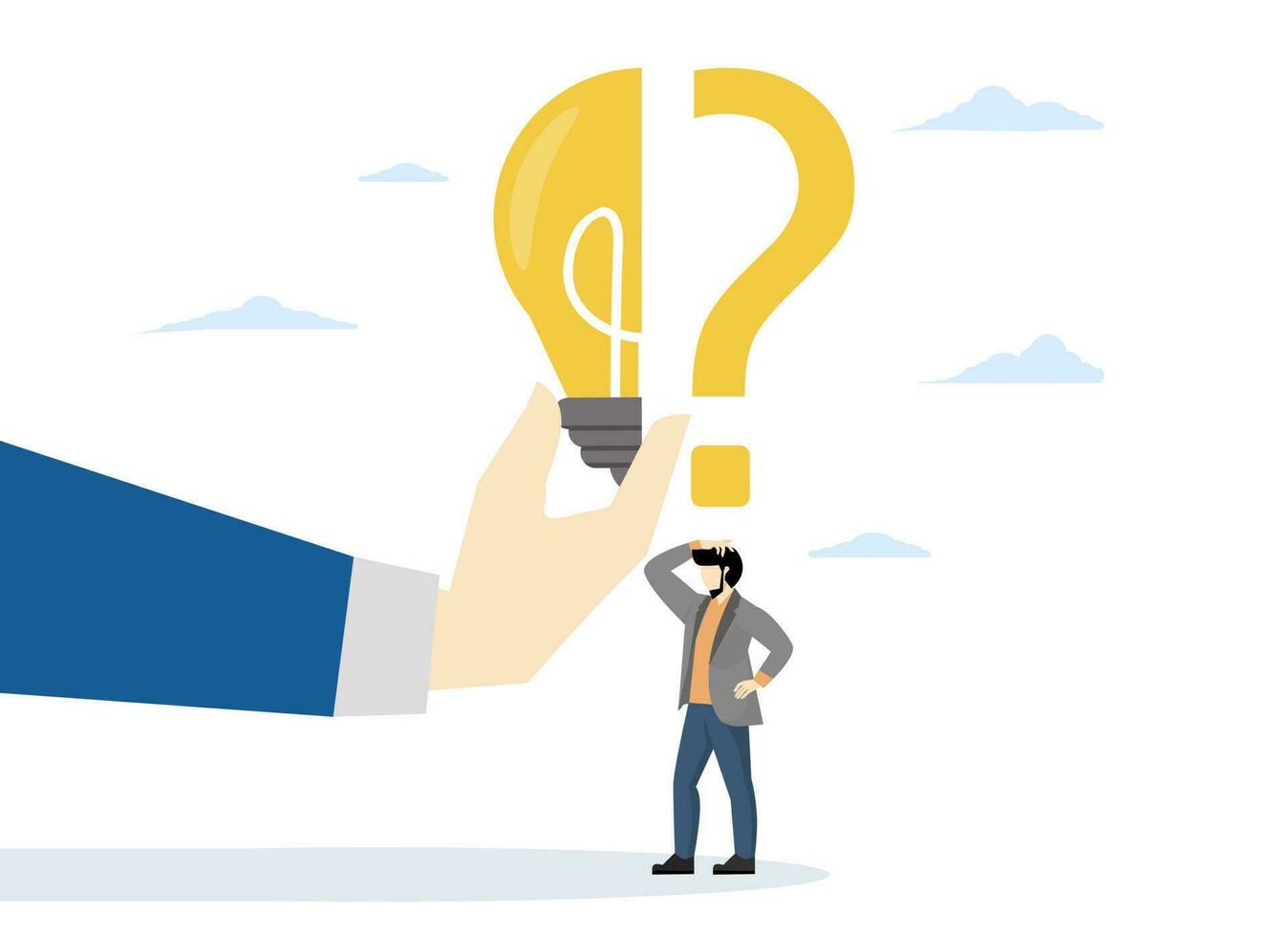 Business problem, idea, job and career path concept, decision making and solution, confused businessman standing with question mark then helping put half light bulb for bright solution. vector