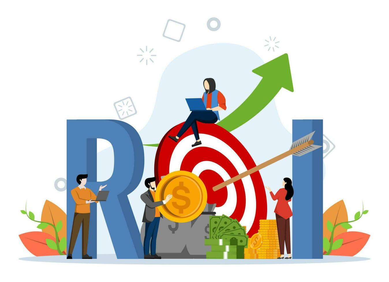 regreso de inversión roi concepto, demostración personas gerente financiero ingresos y ganancia, adecuado para aterrizaje página, ui, web, aplicación introducción tarjeta, editorial, volantes y bandera, vector ilustración.