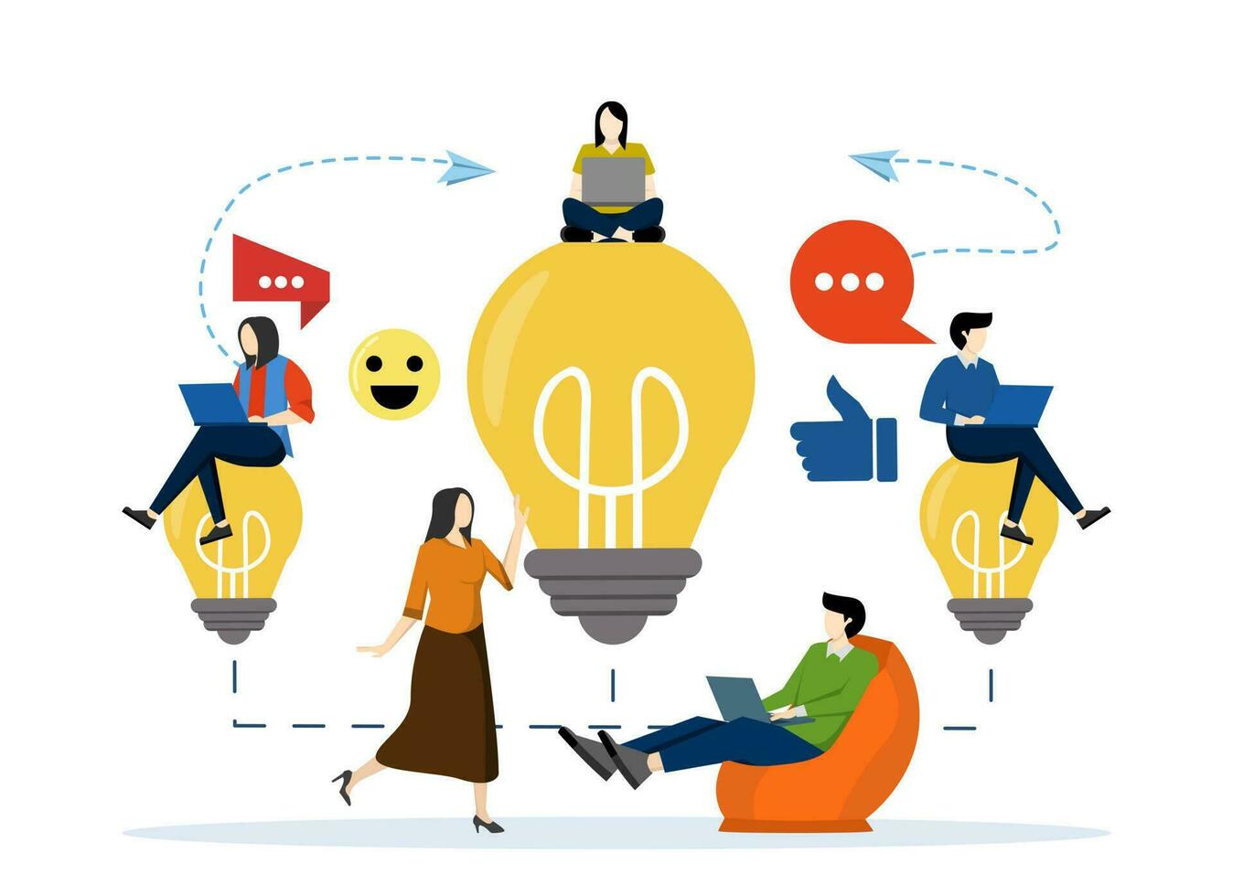 business meeting and brainstorming, business concept for teamwork, looking for new solutions, little people sitting on light bulbs looking for ideas, vector flat illustration.