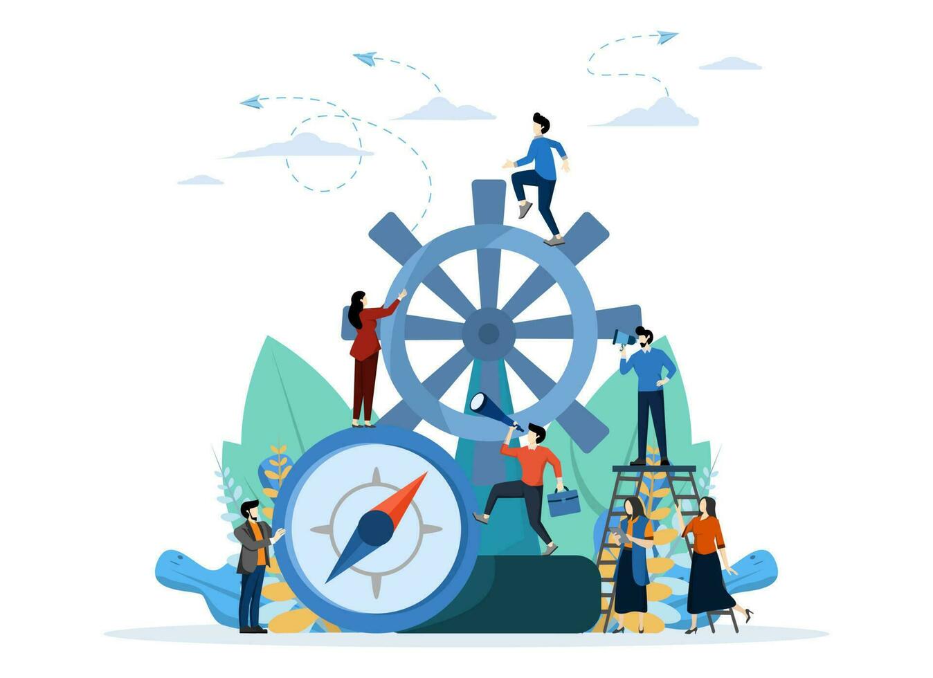 leadership qualities in a creative team, direction on the path of success, the leader determines the direction to go to success. teamwork on startup vector, business vector illustration.