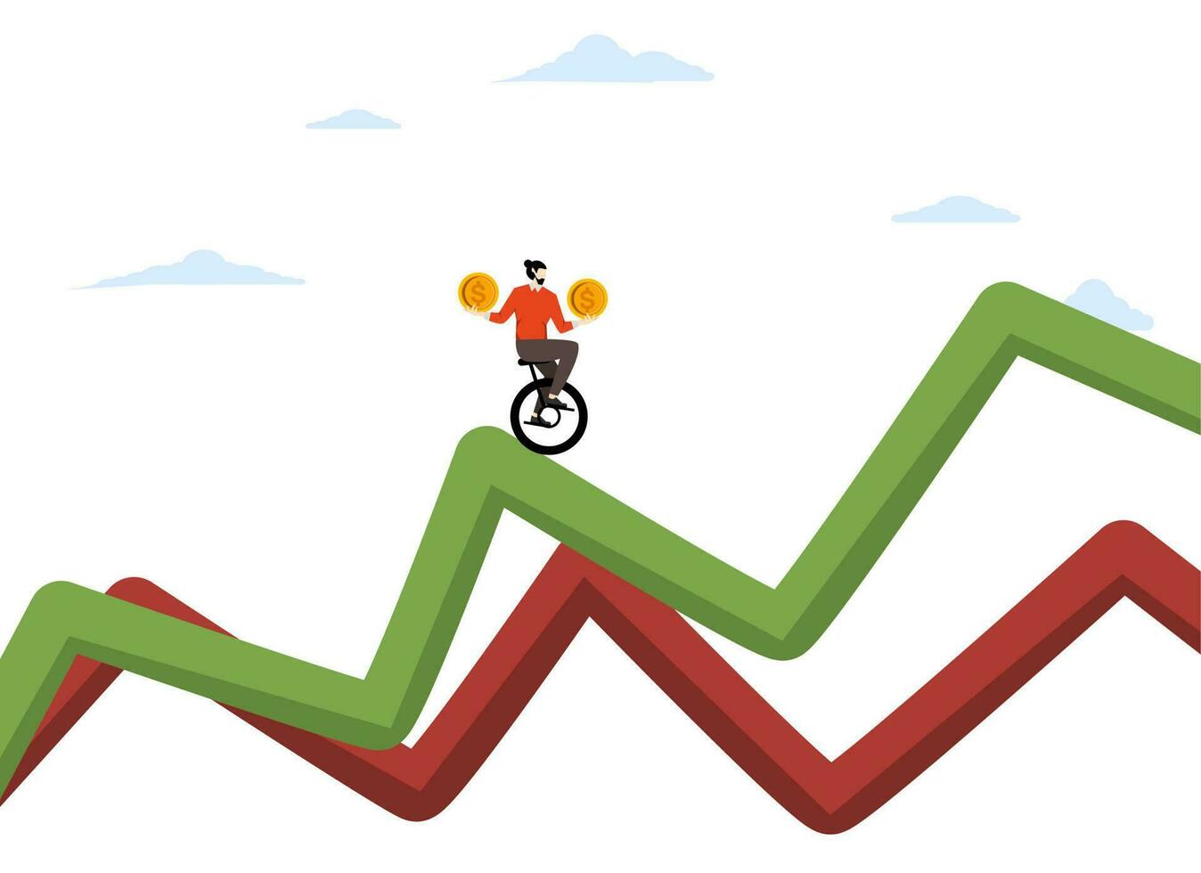 Protect your funds from stock market or cryptocurrency volatility. Economic crisis or inflation. Up and down volatility graphs. Businessman riding a unicycle on a stock chart. flat vector illustration