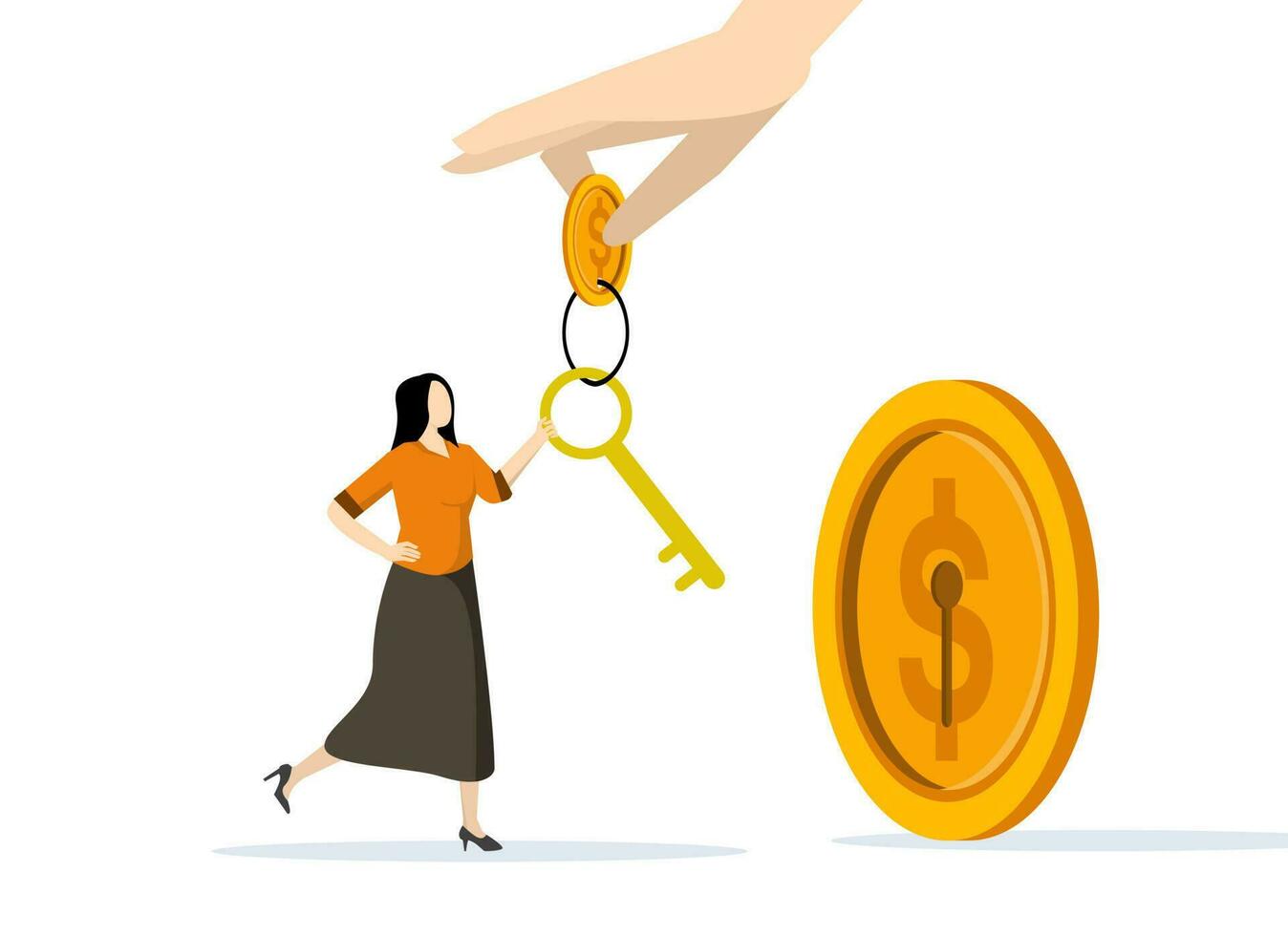 The key to financial success. wealth solution to make money and make profit concept. Unlock secret prizes for investment opportunities. big hand giving key to little businesswoman. vector