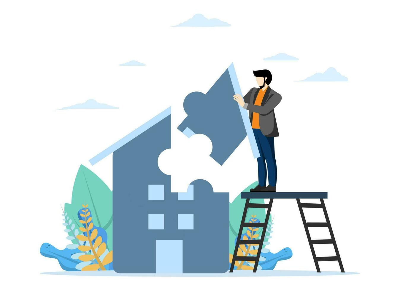 Planning to buy new house or renovation, property maintenance or real estate insurance concept, mortgage loan or housing expenses, smart businessman making puzzle to solve or solving house puzzle. vector