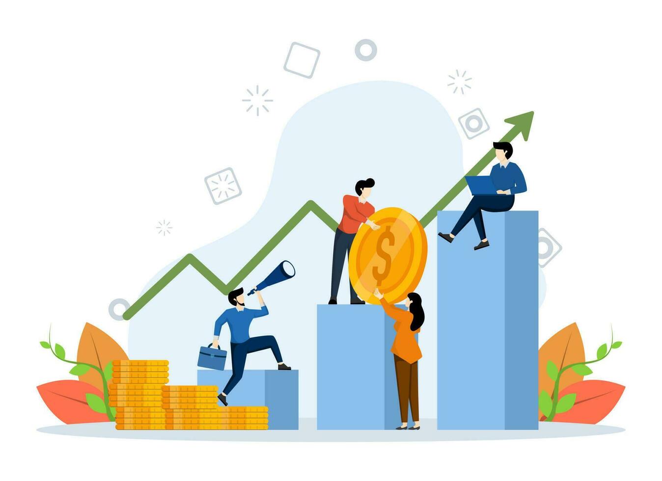 Business investment concept, Showing People Saving Money To Invest In Better Future, long term investment. for landing page, UI, web, app intro card, editorial, flyer and banner, Vector Illustration.