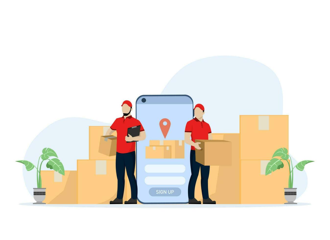 Smart warehouse management system application. Employees log into their phones with a warehouse control app. flat vector illustration on white background.