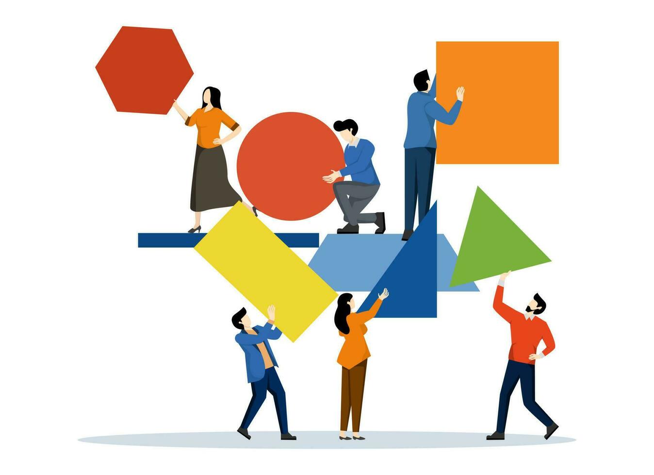 people holding various geometric shapes. Group of people putting together an abstract geometric puzzle. characters collect geometric shapes vector. flat vector illustration on a white background.