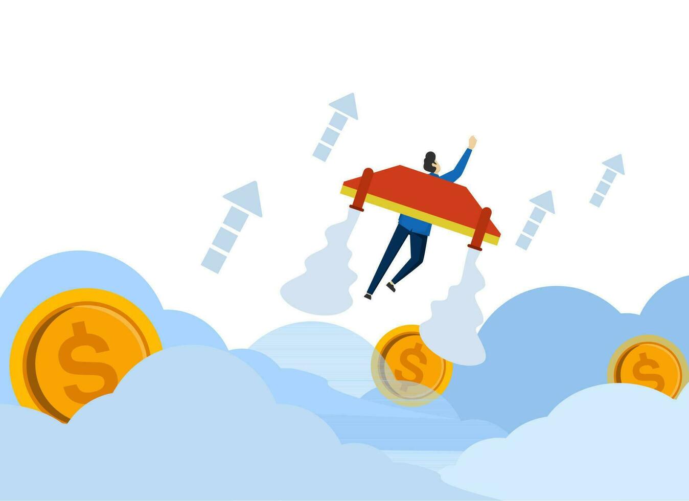 Starting and Increasing Motivation New business concept moving up, how to reach the goal. Concept of reaching destination on jet pack. Flat vector illustration on a white background.