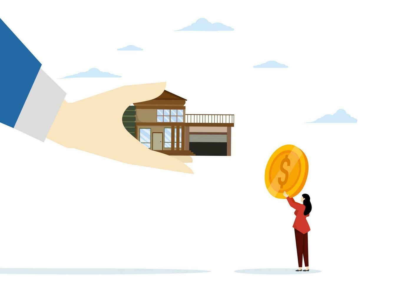 Real Estate Concept. woman buying house by hand giving house, renting house concept. rent a house or property. business in the building and property sector. flat vector illustration.