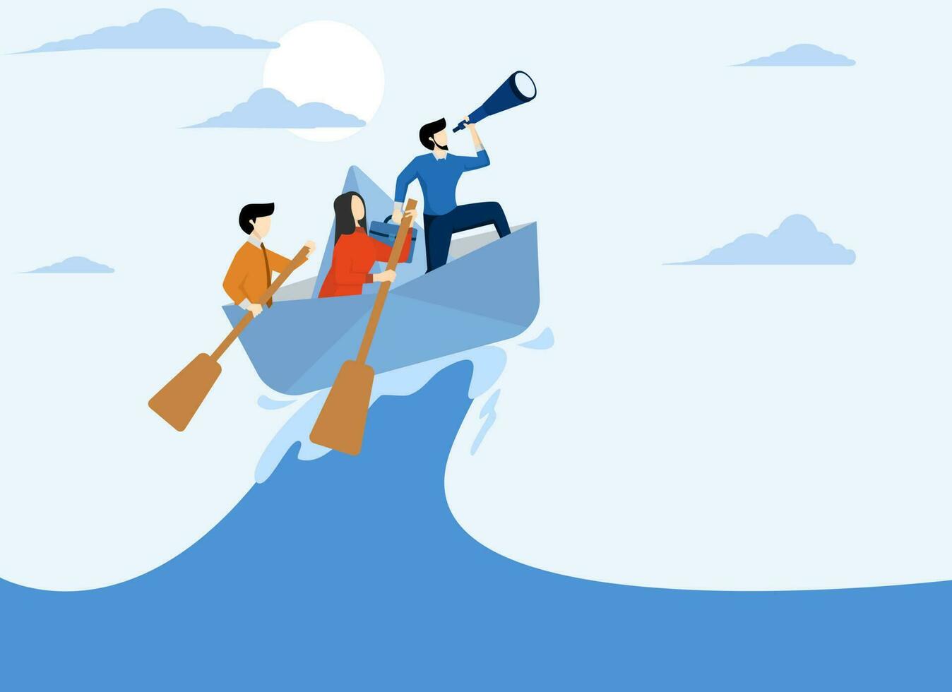 Leadership to lead a business in crisis, vision or forward strategy for success, teamwork or support to achieve targets, businessman leader with binoculars leading a business team sailing origami ship vector