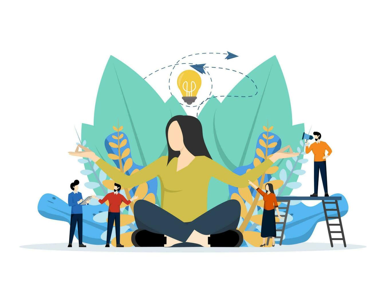 meditation concept, health benefits for body, mind and emotions, girl sitting in lotus pose surrounded by people, thought process, flat vector illustration.