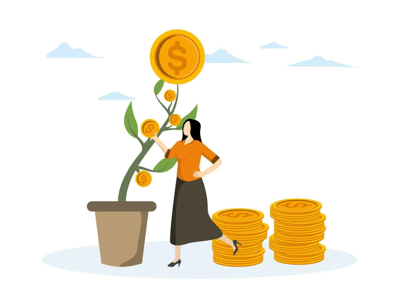 Business growth. Creating sustainability for business. wealth management. Profits from long term investment. Businesswoman taking cash from money tree. flat vector illustration.