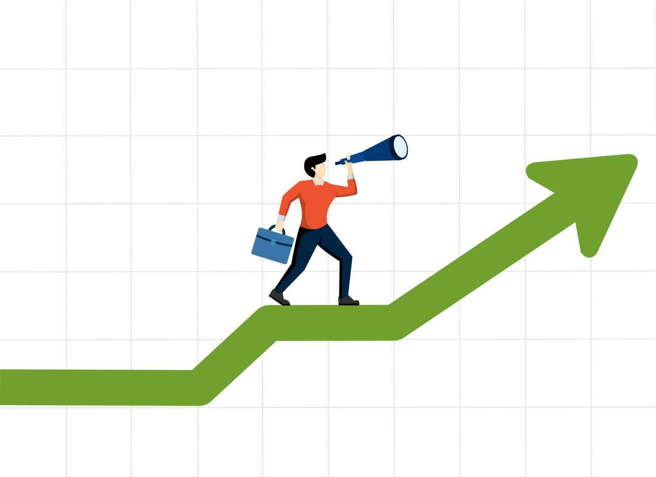 carrera logro concepto, negocio visión a ver oportunidad, inversor riqueza o lucro crecimiento, inteligente empresario gerente utilizando telescopio a ver futuro en pie en mercado gráfico creciente flecha. vector