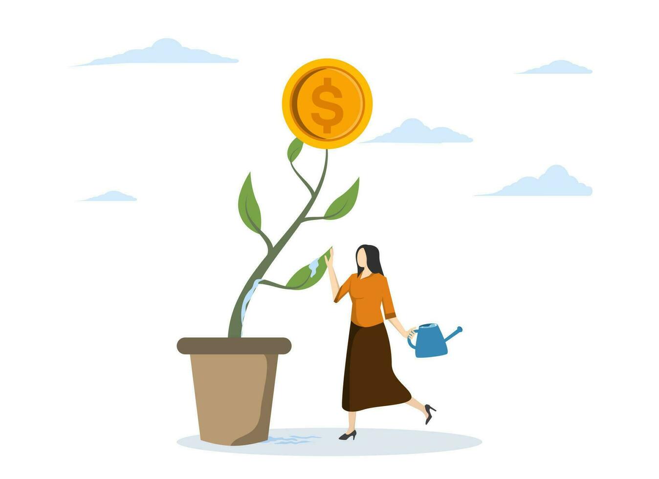 Financial growth or investment, success in wealth management concept, income increase and capital gain, smart businessman investor watering money plant seeds growing with coin interest. vector