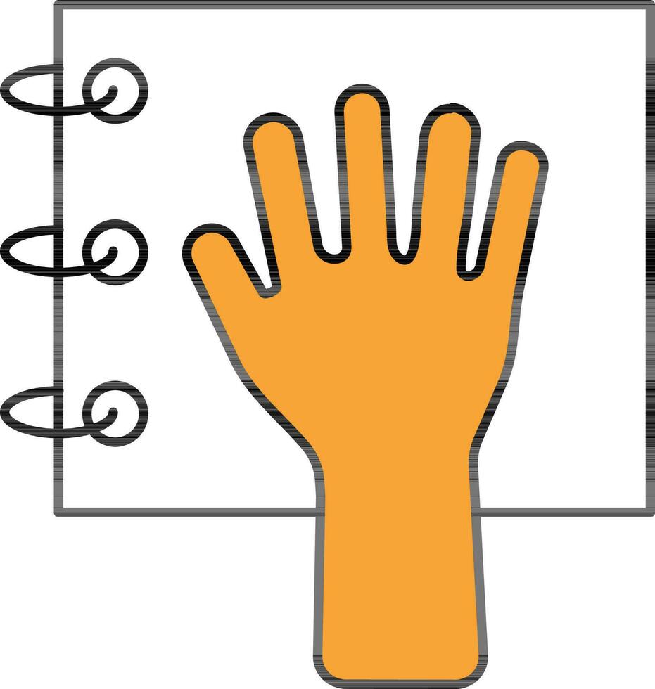 Hand On Spiral Notebook Icon In Orange And White Color. vector