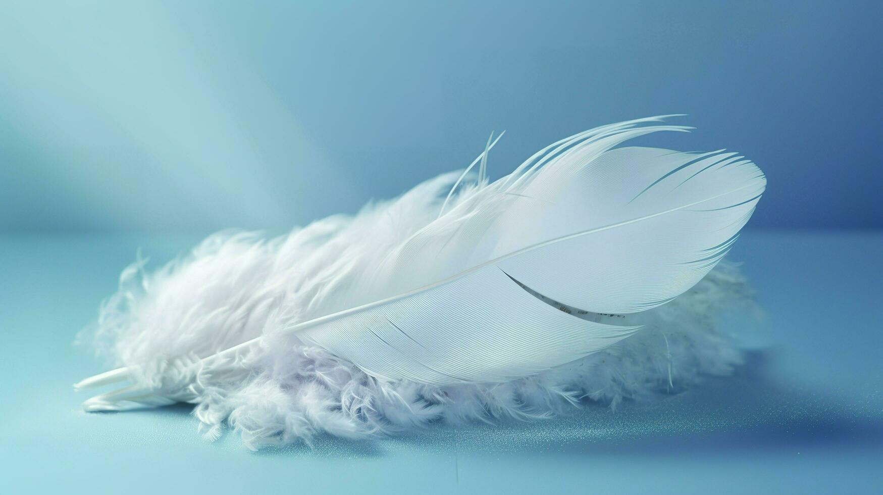 a bright blue background with one white feather, in the style of soft and dreamy pastels, glimmering light effects, nature inspired imagery, fairycore, soft focal points, generate ai photo