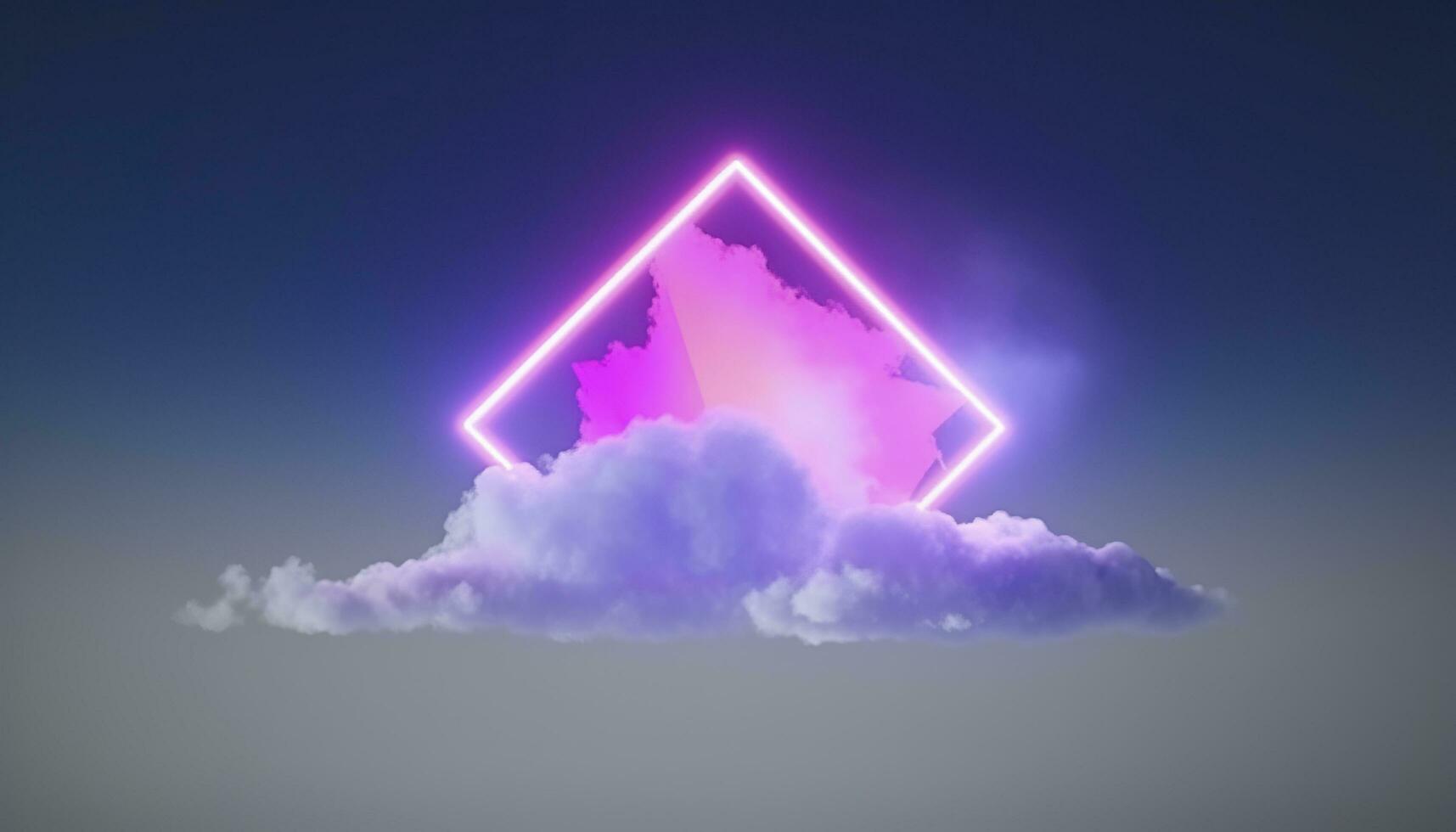 3d render, abstract minimal background with pink blue yellow neon light square frame with copy space, illuminated stormy clouds, glowing geometric shape, generate ai photo