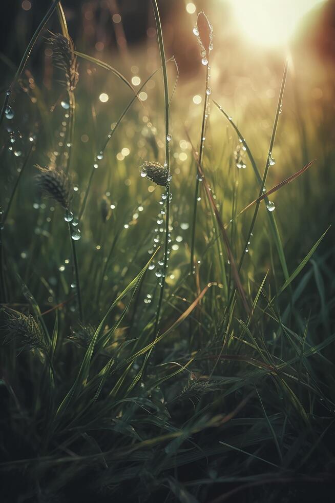 a close up of grass with dew drops on it and a blurry background of the grass and the sun shining through the drops of the grass on the grass is a sunny day light. photo