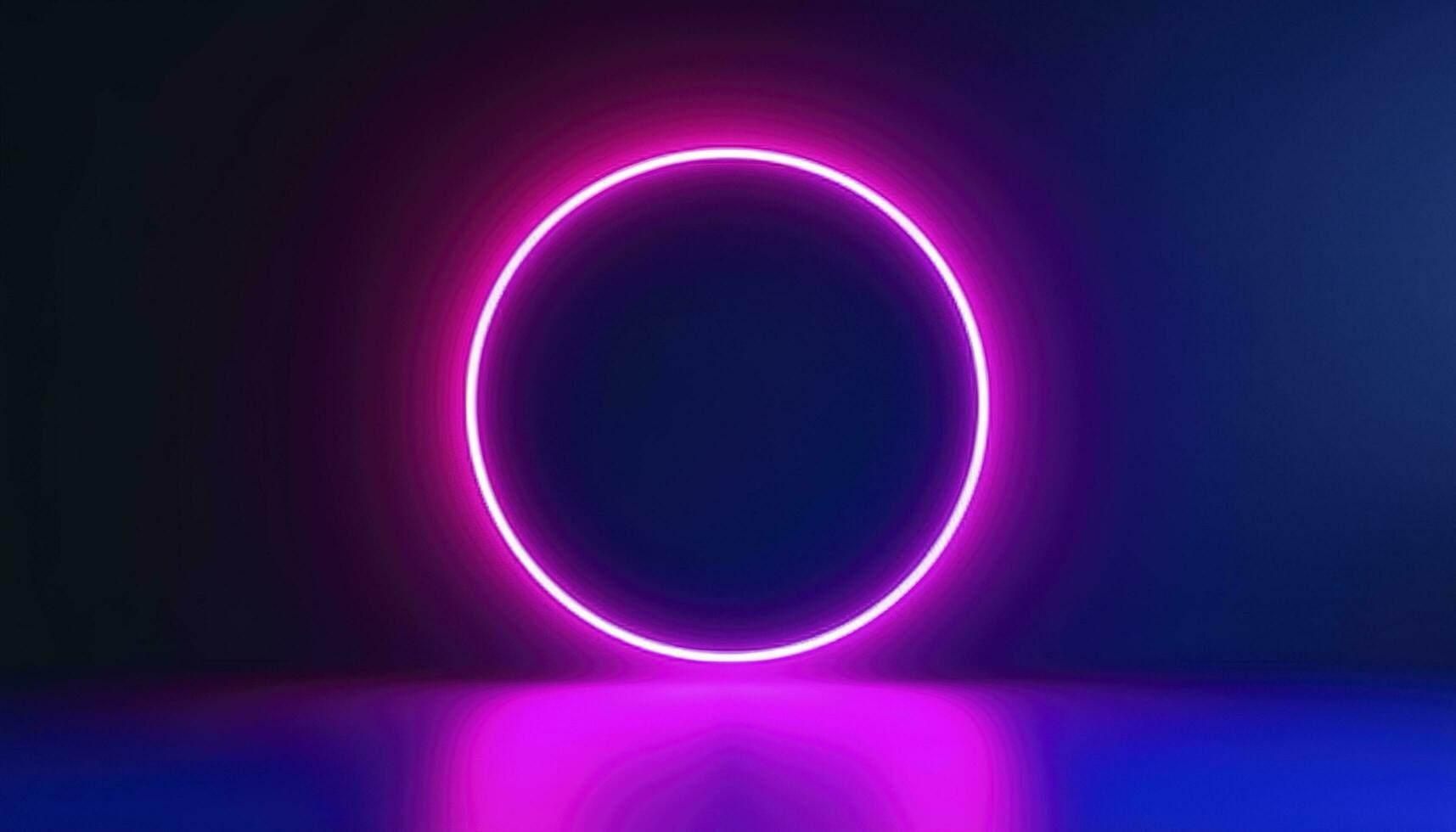 3d render, blue pink neon round frame, circle, ring shape, empty space, ultraviolet light, 80s retro style, fashion show stage, abstract background, generate ai photo