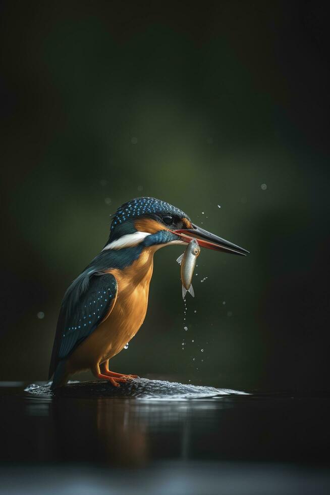 somón martín pescador alcedo en esto el pájaro sostiene un hoja en sus pico, generar ai foto