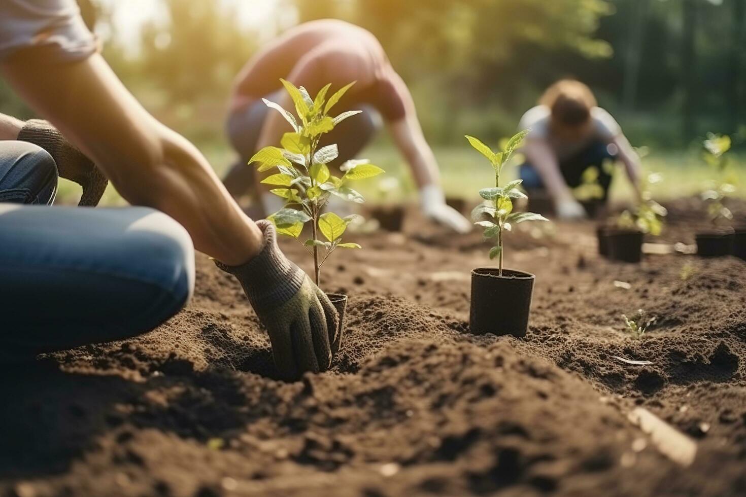 People planting trees or working in community garden promoting local food production and habitat restoration, concept of Sustainability and Community Engagement , generate ai photo