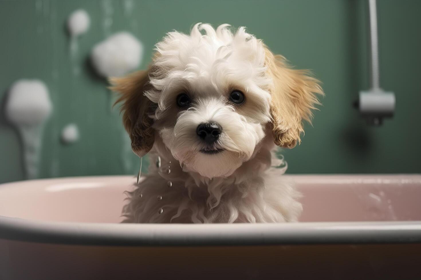 linda perrito perro en bañera , mascotas limpieza , generativo ai foto