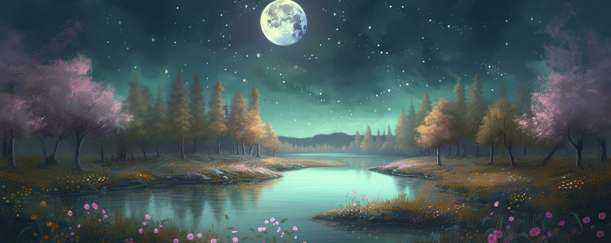 night landscape environment harvest moon over a glittering lake lush vegetation birchwood trees, flowers, magical galaxy. 3d drawing digital art, generate ai photo