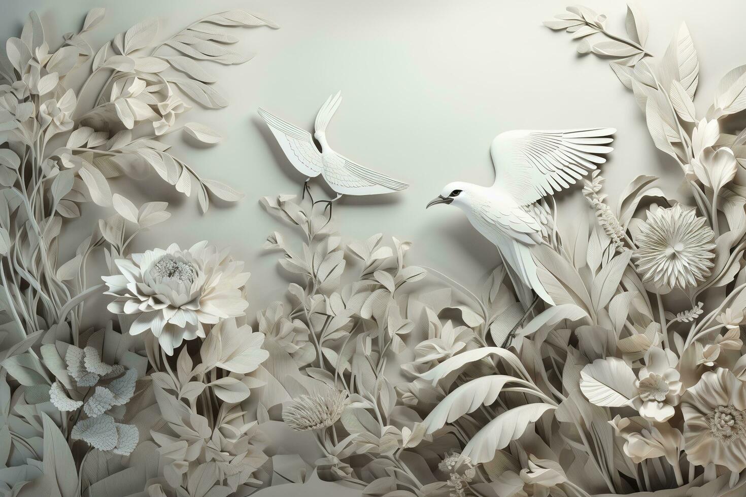 3d floral mural wallpaper with a light simple background. branches of flowers, herbs, birds, and mountains. modern art for wall home decor, generate ai photo