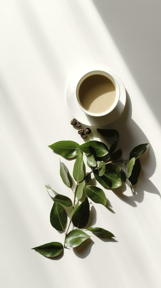 aromático hierbas y café taza en blanco antecedentes con Copiar espacio. café descanso concepto. foto