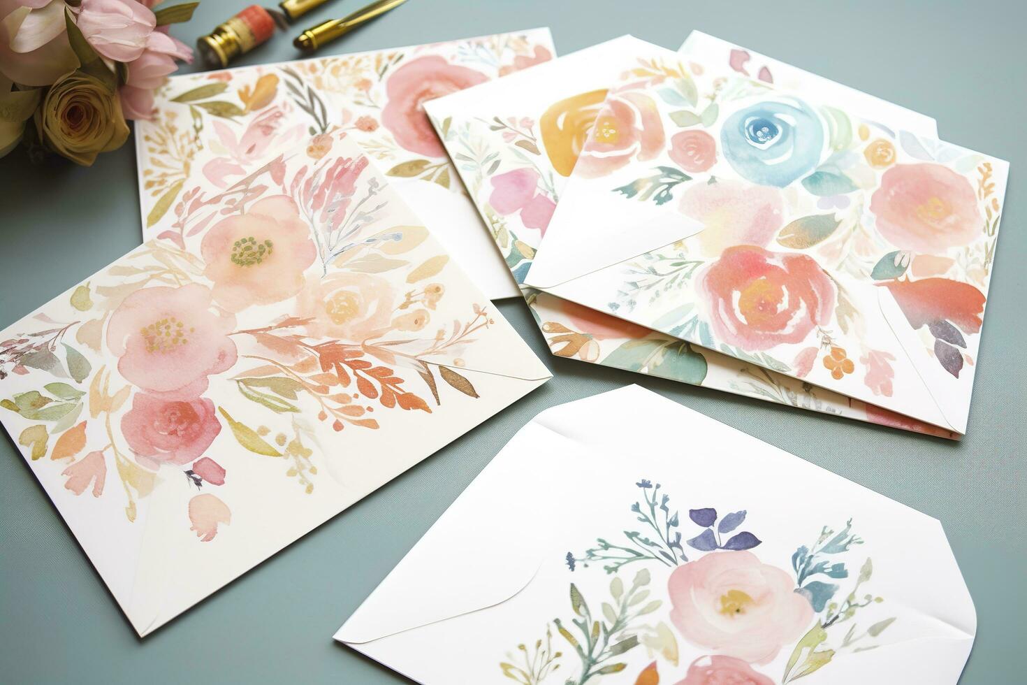 Create a set of watercolor floral patterned stationery that includes notecards, envelopes, and letterheads, generate ai photo